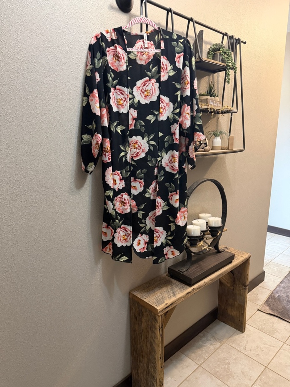 My Beloved Black Floral Open Front Cardigan - Pink Rose Print